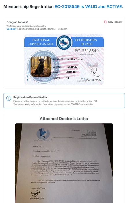 Sample of ESAcert Support Animal Registration with Doctor's Letter